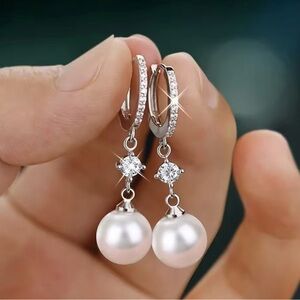 Elegant Pearl Drop Earrings with Cubic Zirconia Accents - Silver Tone